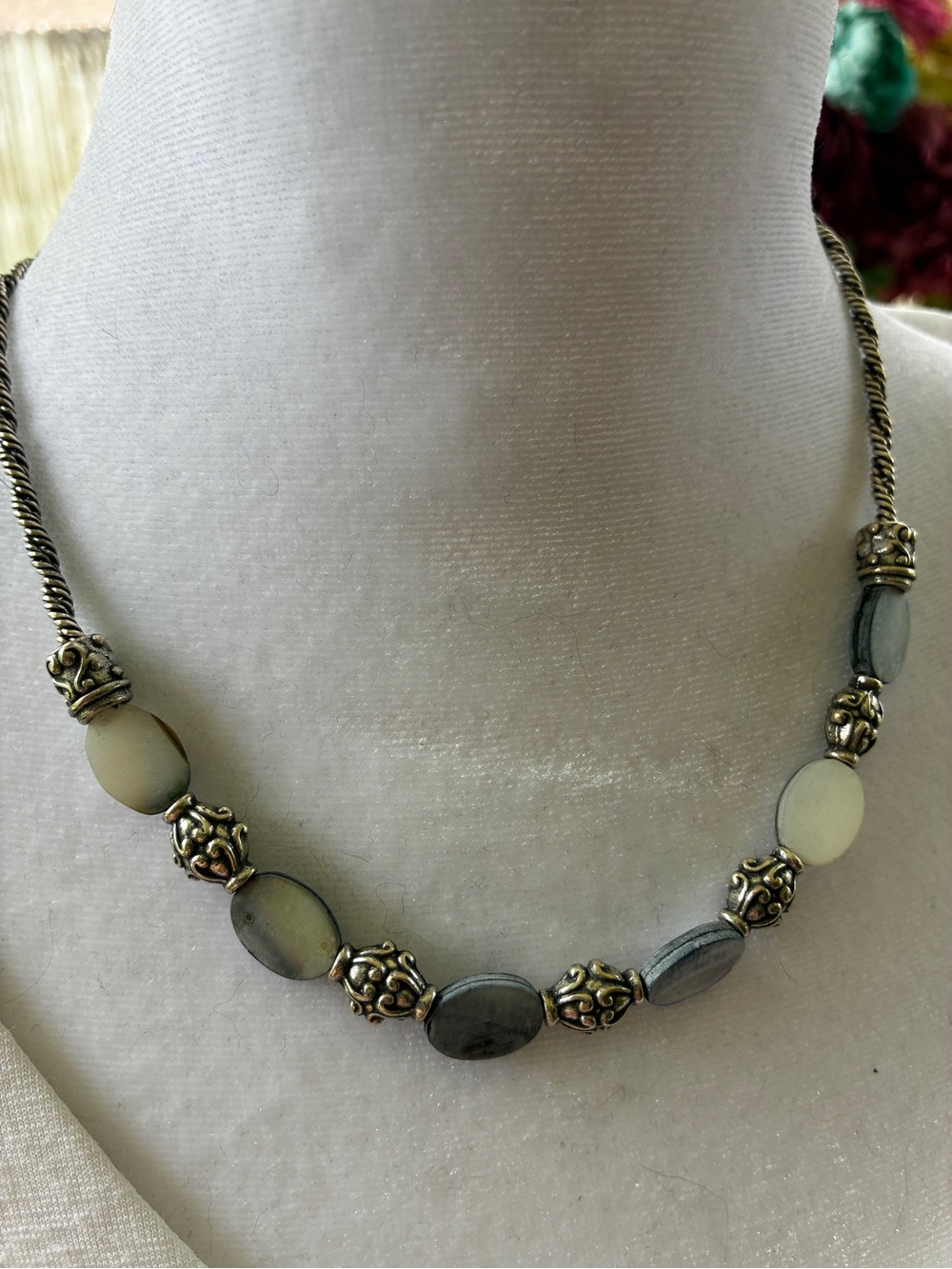 Silpada vintage Sterling Silver-Gray Shell Bead Necklace with Ornate Accent